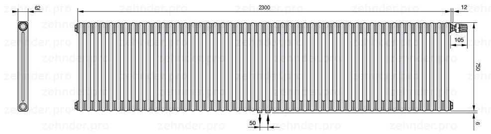Схема (чертеж) Радиатор Zehnder Charleston 2075/50 №V008 Белый глянцевый RAL 9016